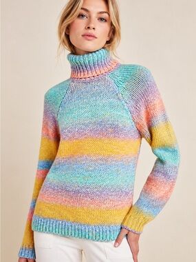T.La Anthropologie Rainbow Ombré Chunky Knit Turtleneck Sweater Pastel Small